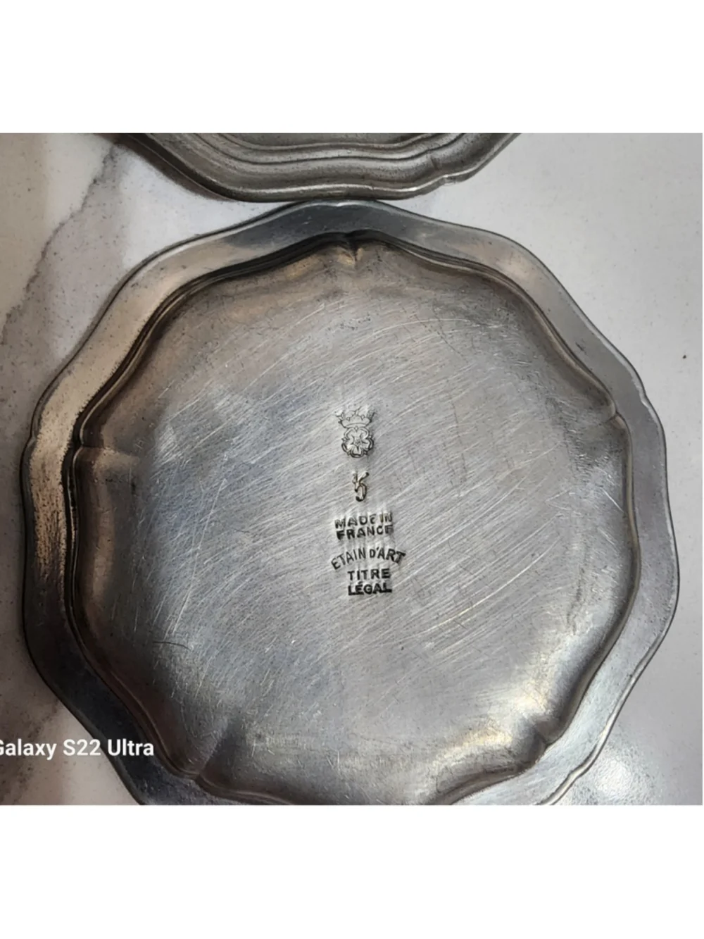 Title: Vintage French Pewter Etain d’Art Heraldic Coasters Small Dishes Set of 4